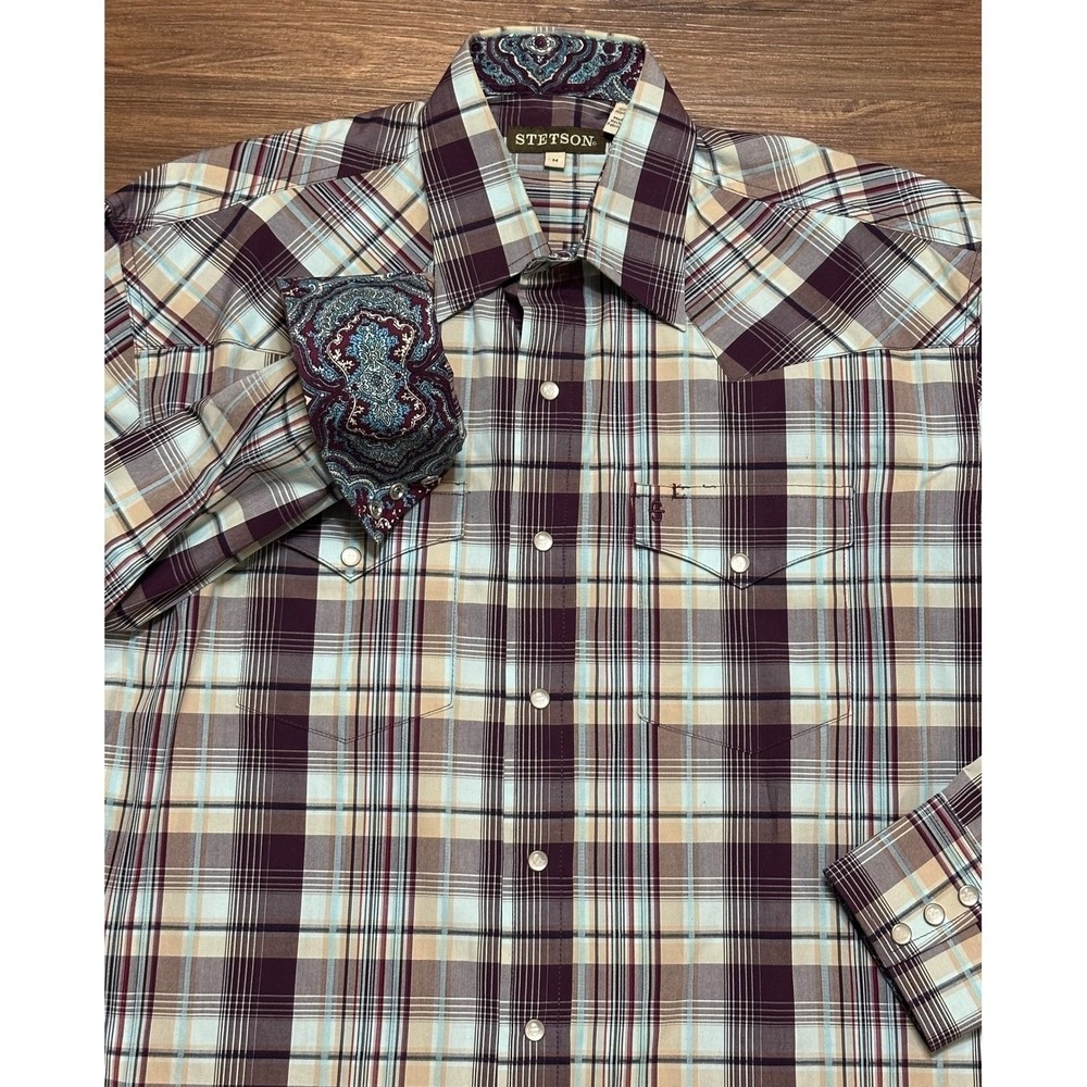 Stetson Mens Purple Plaid Pearl Snap Western Long Sleeve Shirt Size Medium